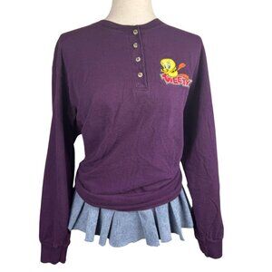 Tweety Bird Purple Embroidered Henley Long Sleeve Shirt Women’s